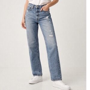 Y2K Levis 501 90s Relaxed Straight Leg Distressed Denim Blue Jeans W28 L30